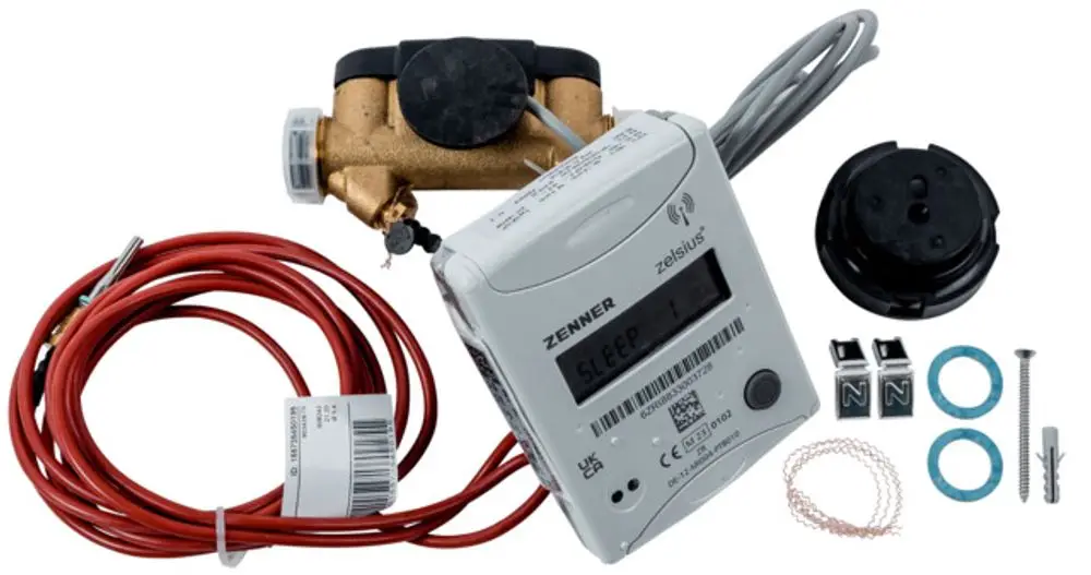 Wärmemengenzähler von Wolf mit Fernablesung, inklusive Sensor, Montagezubehör und Anschlusskabel, zur Erfassung des Wärmeverbrauchs in Heizungsanlagen.